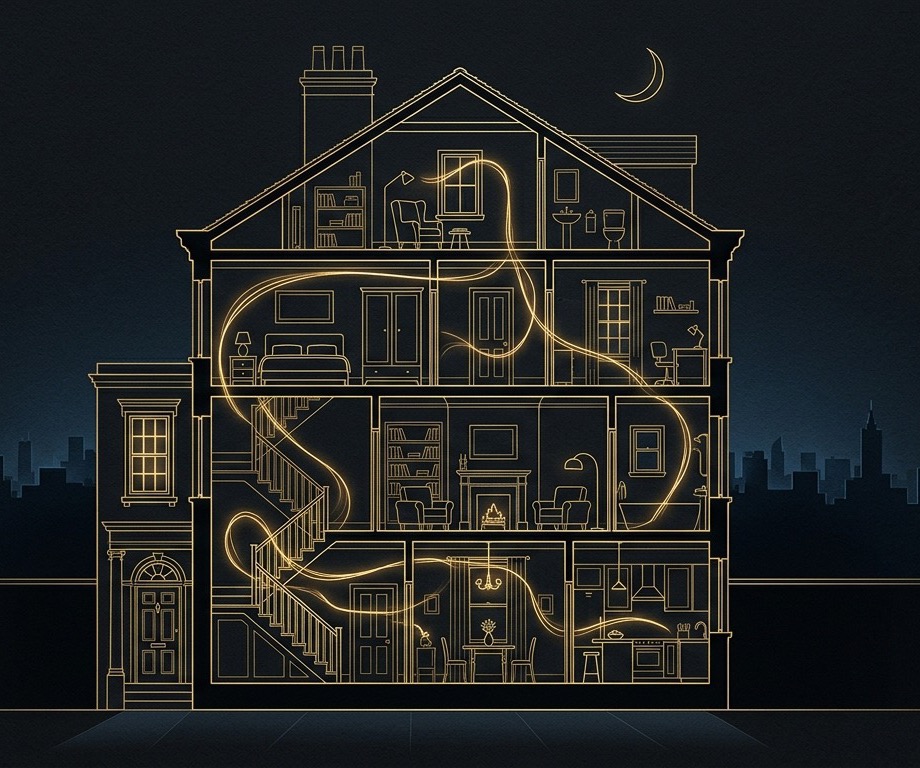 Cutaway of a townhouse at night: threads of golden light circulate inside the walls and never leave the building