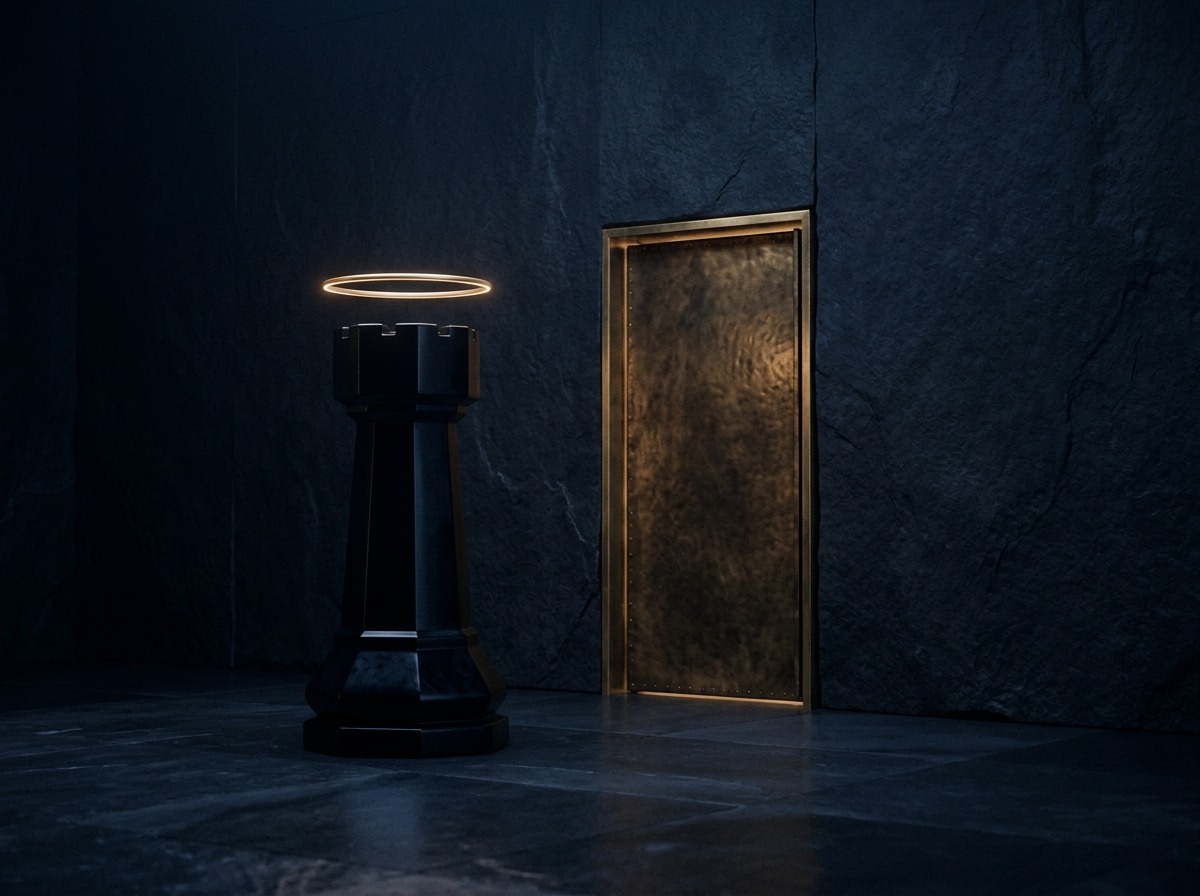 An obsidian sentinel crowned with a thin ring of gold light stands before the wall's only gate