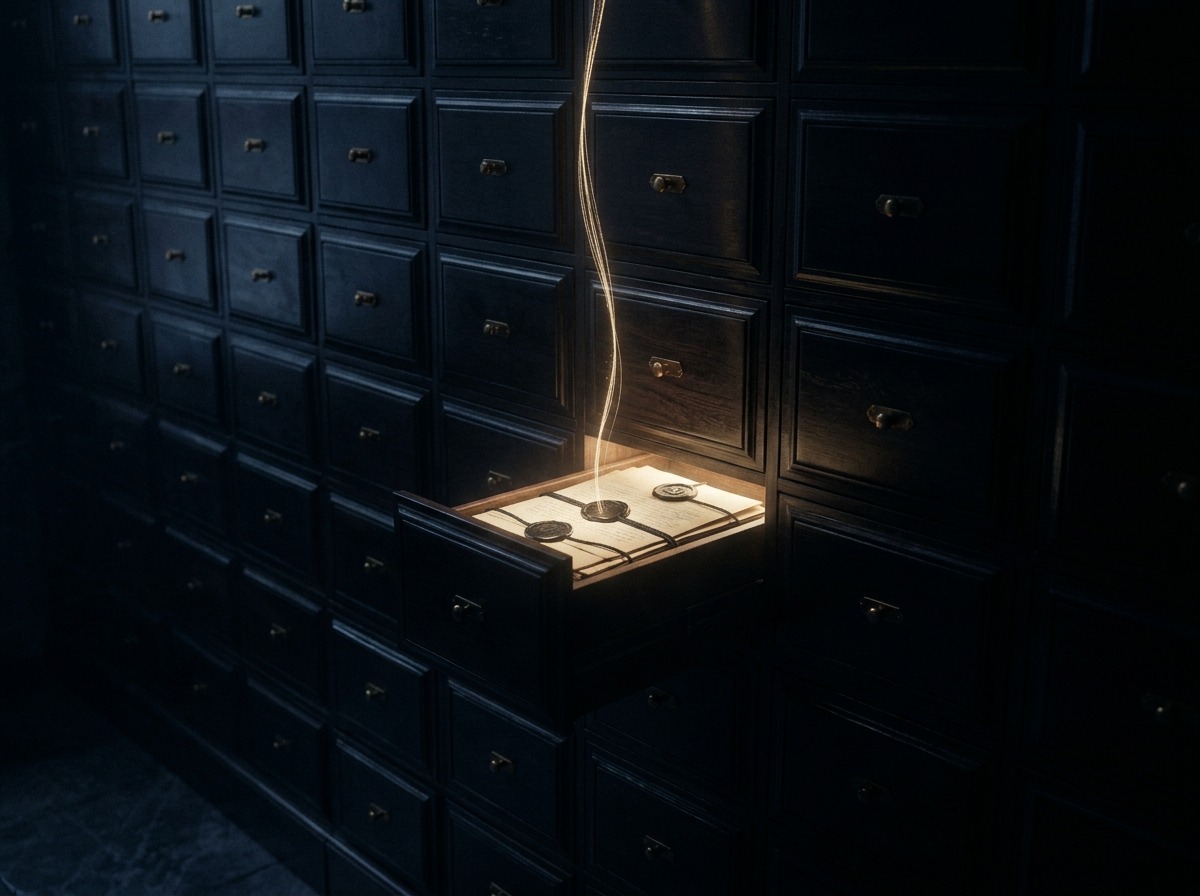 A wall of dark archive drawers; one open drawer of wax-sealed documents gives up a thread of golden light