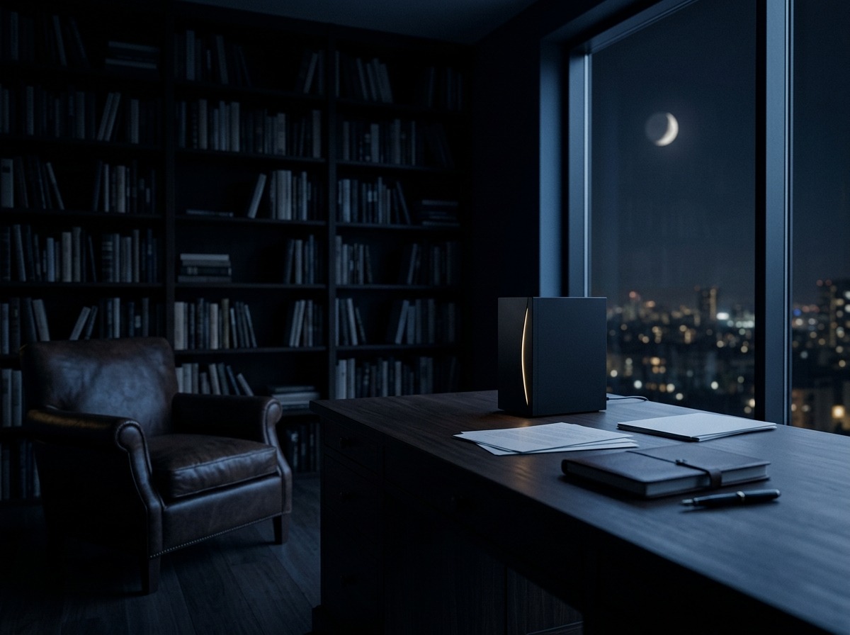 A dark study at night: the machine works alone beneath a waxing moon, the owner's chair empty