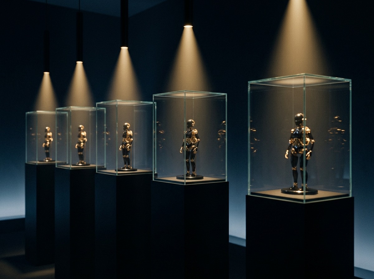 Identical obsidian-and-brass automata, each sealed in its own spotlit glass vitrine