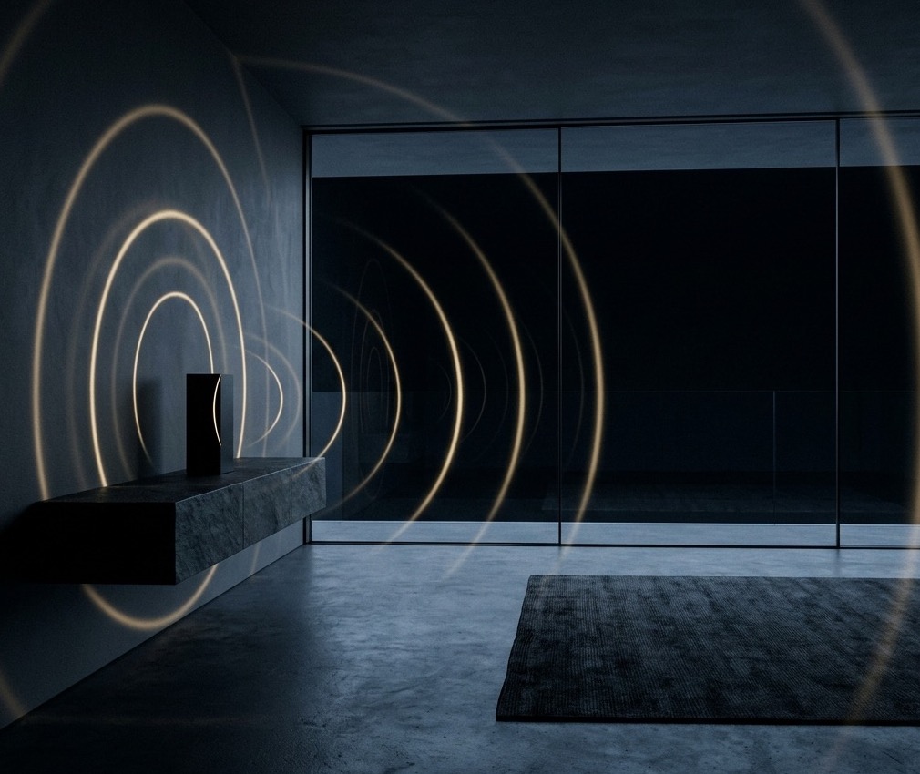Rings of golden light spread from a small obsidian device through a dark modern room and stop at the window glass; beyond it, nothing